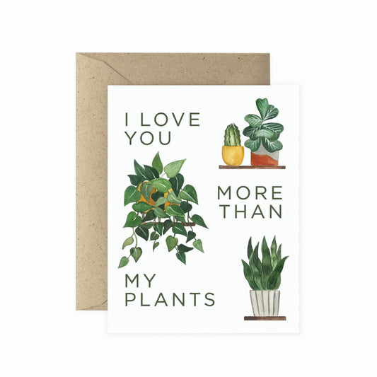card with plants on shelves saying "i love you more than my plants"