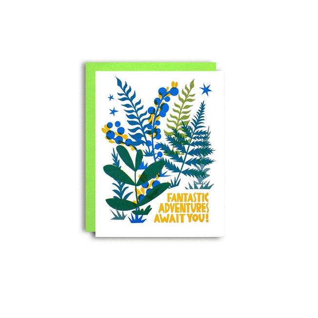 Greeting card with a fern and floral design says 'Fantastic Adventures Await You!'