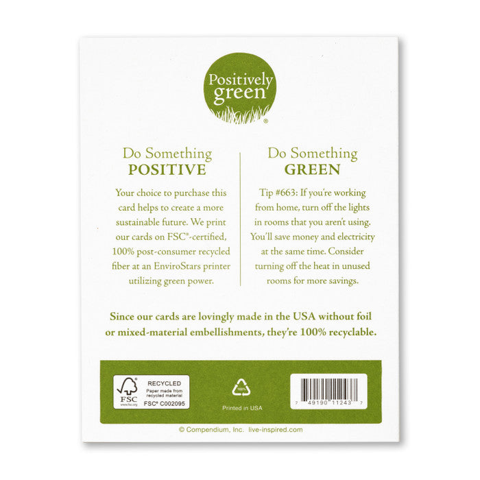 Back features the Positively Green Logo and tips on living more sustainably.
