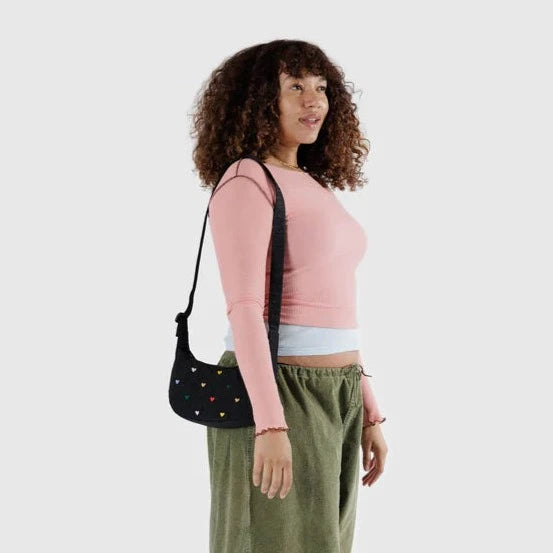Baggu Small Nylon Crescent Bag - Embroidered Hearts