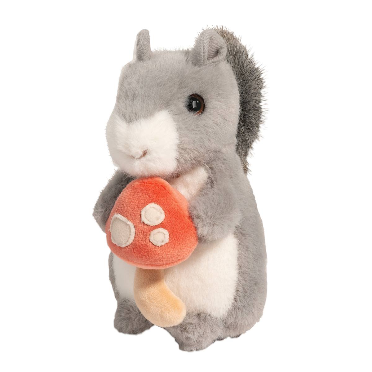 Adorable gray squirrel plush holds a red capped mushroom with big white polkadots.