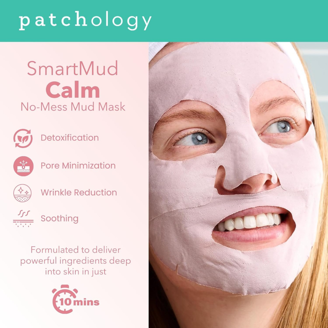 Woman smiling wearing the Smartmud Calm Mask. Copy reads "Patchology - Smartmud Calm No-Mess Mud Mask. Detoxification - Pore Minimization - Wrinkle Reduction - Soothing. Formulated to deliver powerful ingredients deep into skin in just 10 minutes"