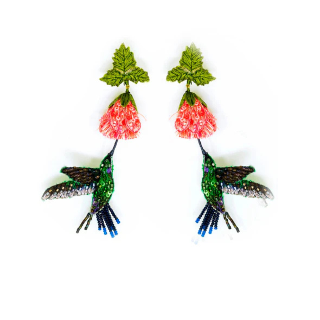 Pair of dangling earrings. The top part that rests on the ear is a light green embroidered leaf. Dangling from the leaf is a red and pink embroidered and beaded flower bud and dangling from the flower is a green and blue embroidered and beaded hummingbird.
The hummingbirds look like they're drinking nectar from the flowers.