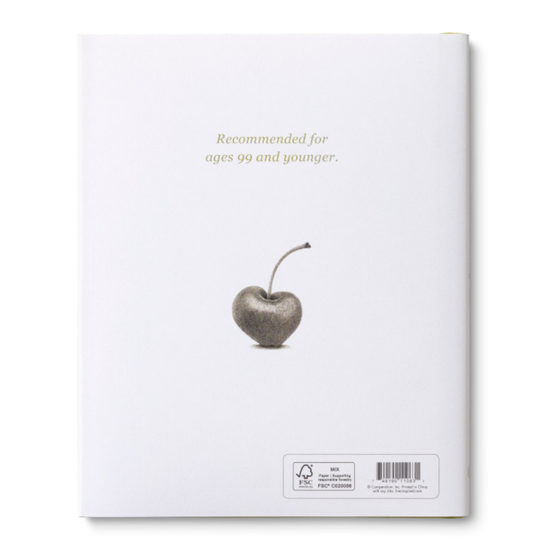 Back cover of "Being Kind" says "Recommended for ages 99 and younger" with a heart shaped cherry at the center of the cover.