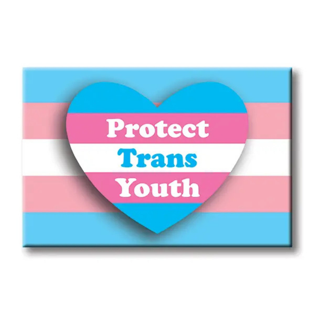 trans flag in blue, pink, and white with a heart that reads "Protect trans youth"