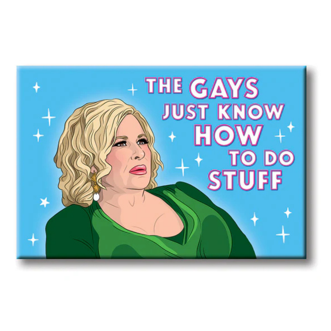 JenniferCoolidge in green looking out into the distance against a blue background with stars with the words "The gays just know how to do stuff"