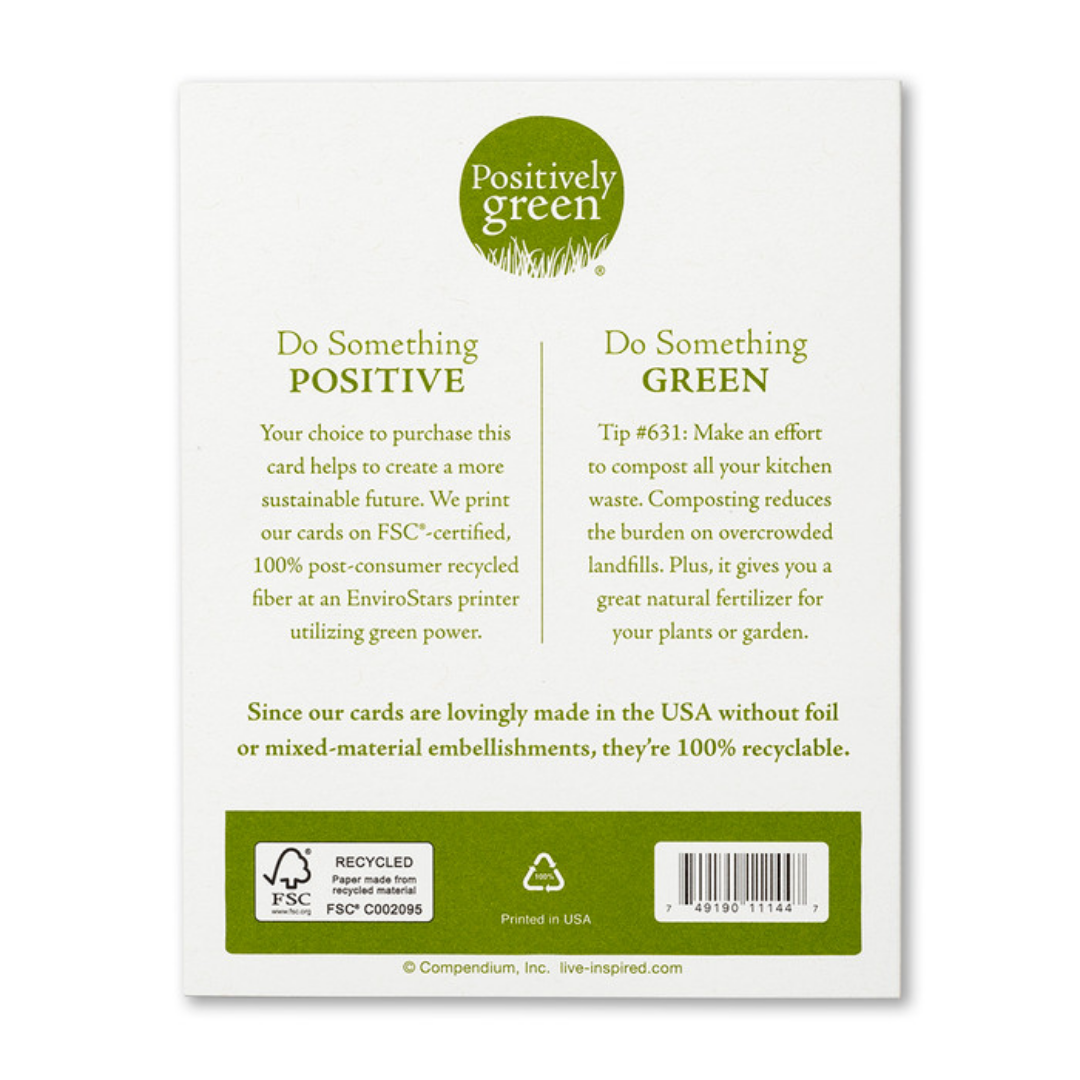 Back of the card includes the Positively Green logo, a green tip, and Compendium’s promise to help create a more sustainable future.Each card is printed in the USA and is 100% recyclable.