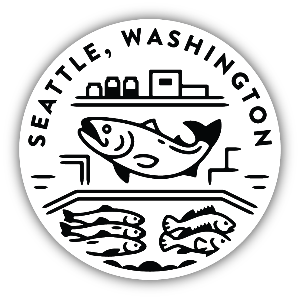 Circular sticker with a black and white image of a fish market with a flying fish that says "Seattle, Washington"