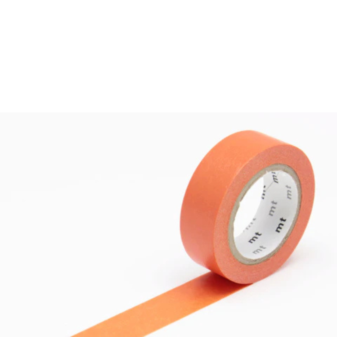 Carrot orange single roll of masking tape against a white background.
