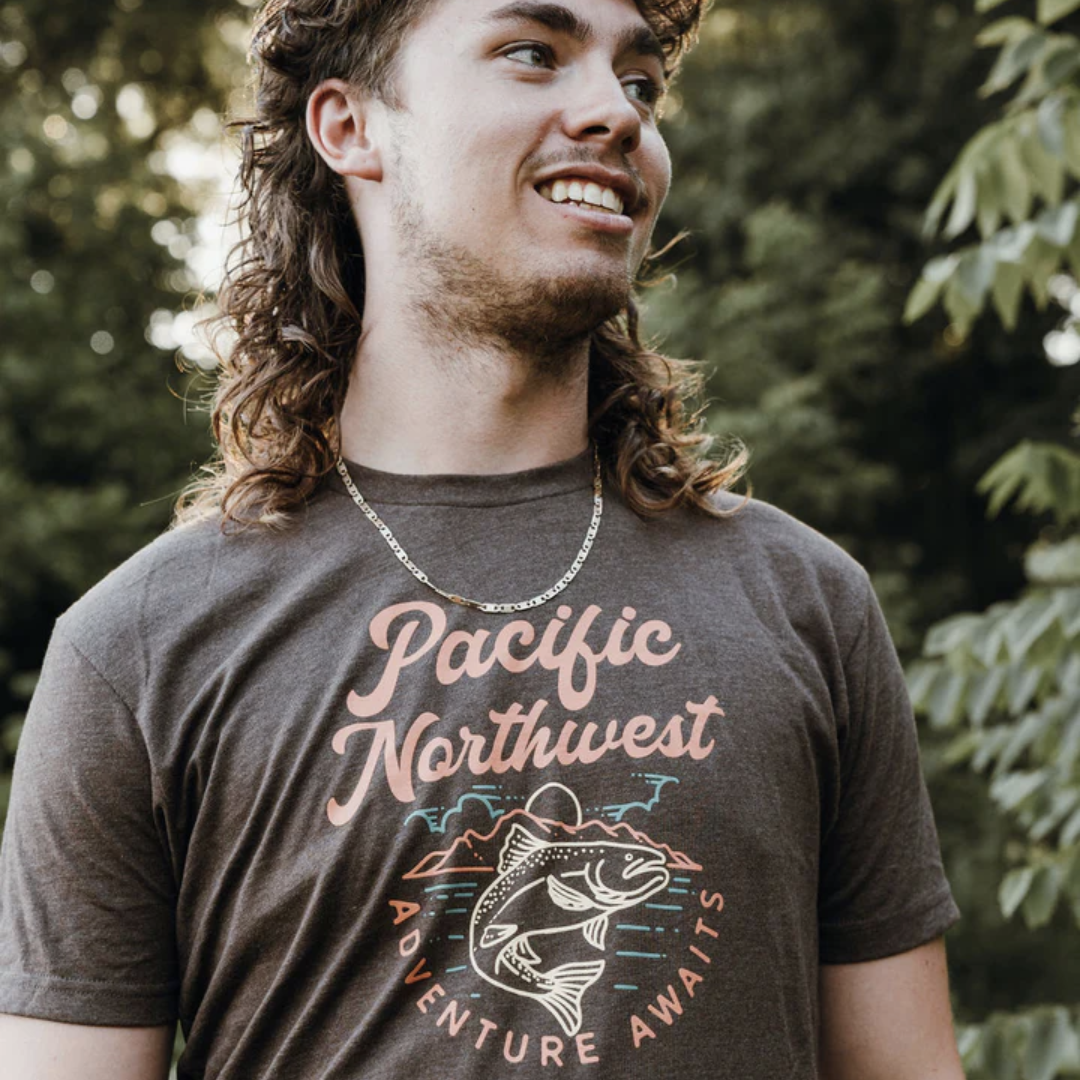 Model wearing the Angler shirt outdoors