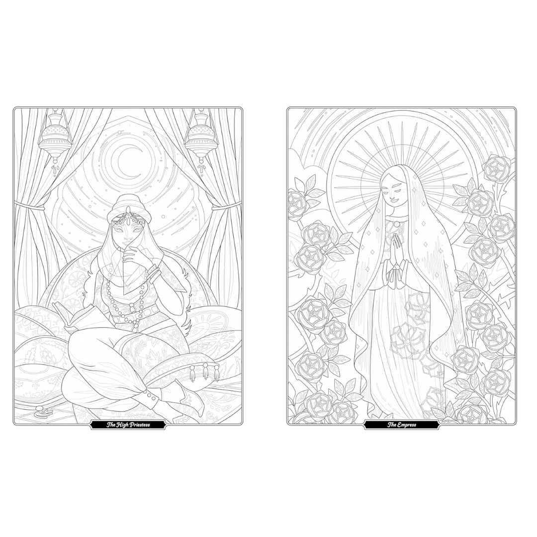 Two coloring pages of deities with intricate designs on a white background.