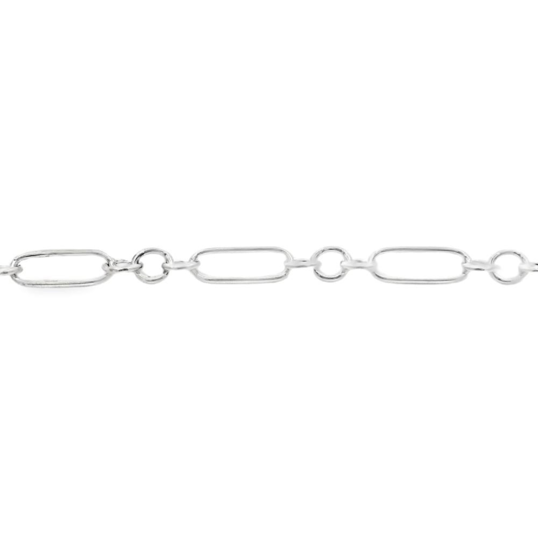 Close up of silver link bracelet featuring two different size links.
