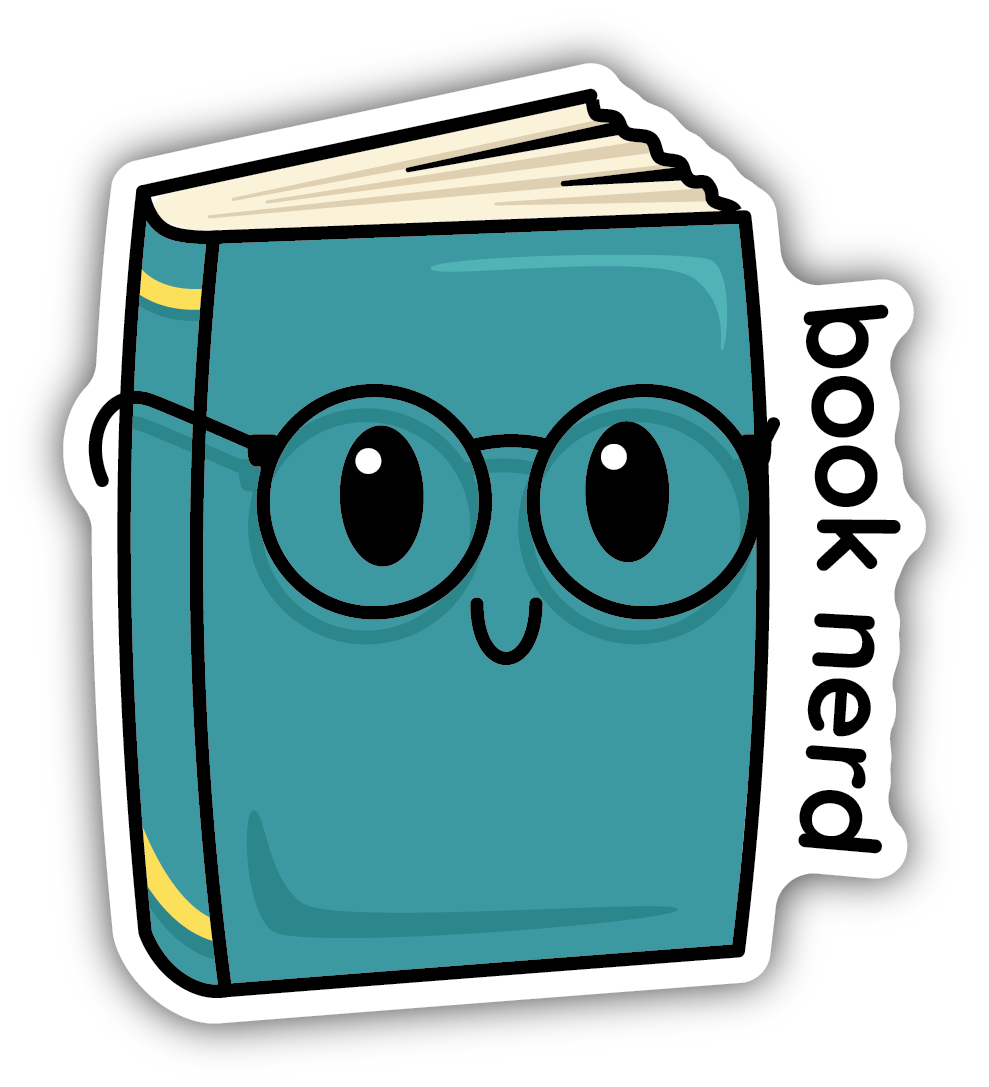 Smiling blue book with big shining eyes behind even bigger glasses. Says "book nerd" along the side