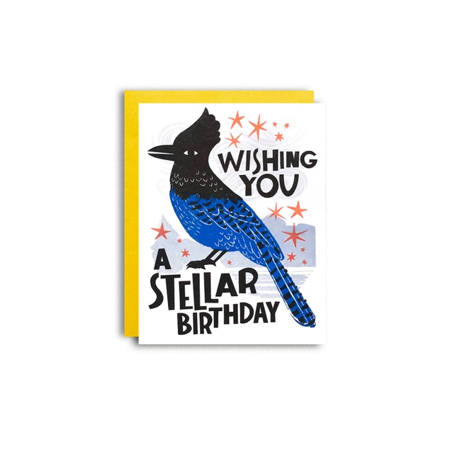 Card with cute black and blue bird surrounded by orange stars says "Wishing you a stellar birthday"