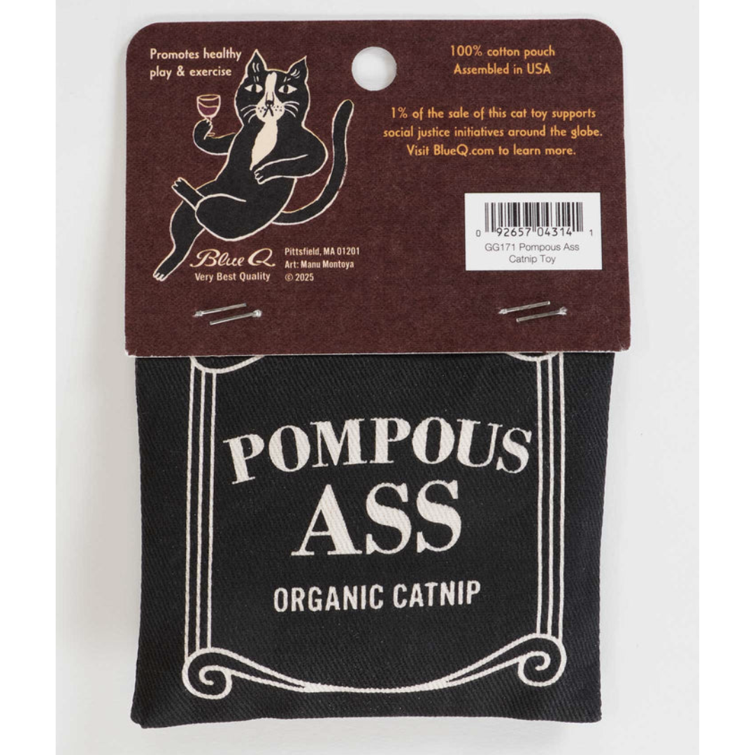 back of the toy is black and white and says "pompous ass organic catnip"