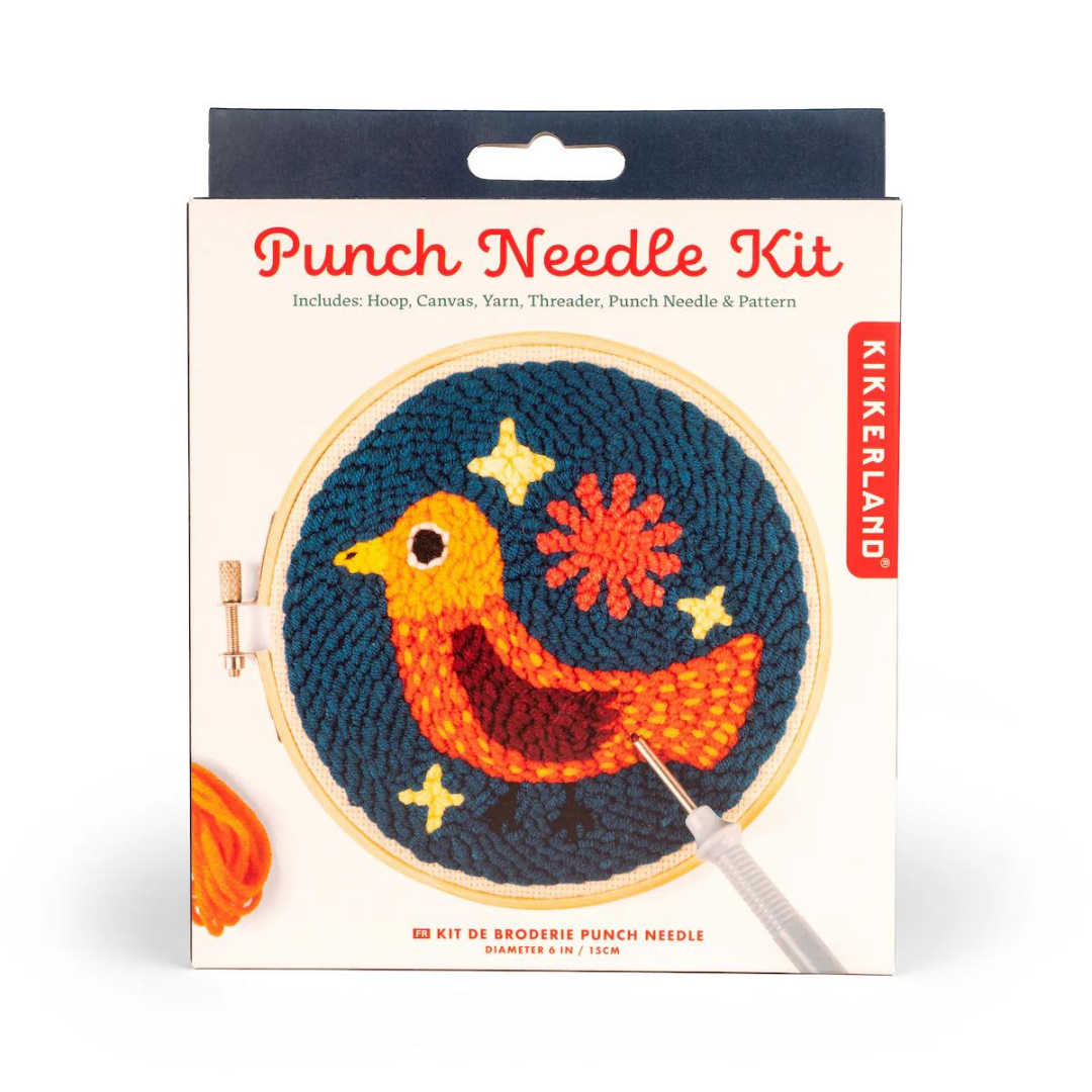 Blue and white packaging featuring the words "punch needle kit" in red writing.