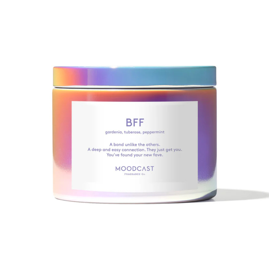Iridescent candle with label that reads "BBF - gardenia, tuberose, peppermint
A bond unlike the others. A deep and easy connection. They just get you. You’ve found your new fave.
Moodcast"