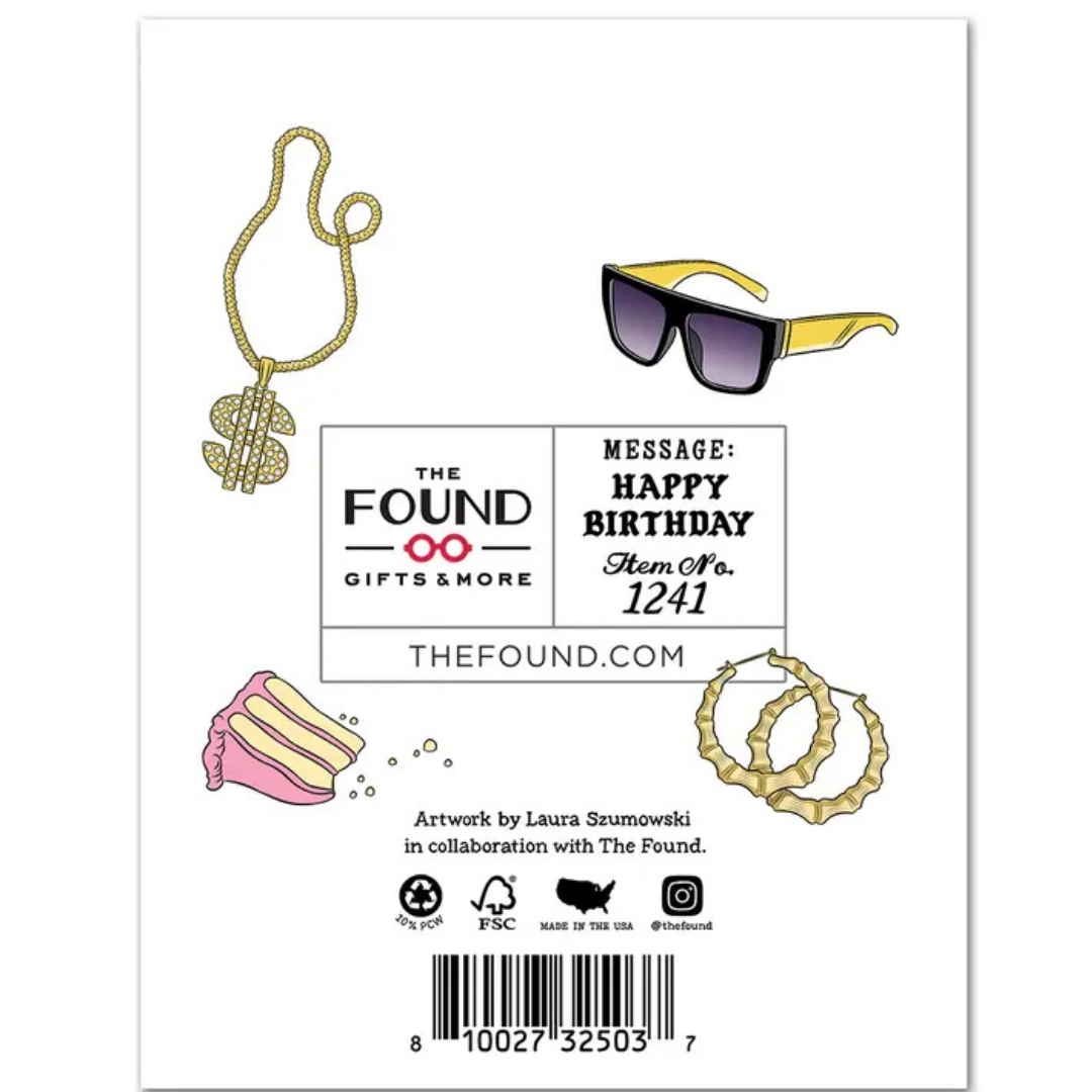 Back of card with illustrations of a gold chain with $ pendant, gold sunglasses, gold hoop earrings, and cake