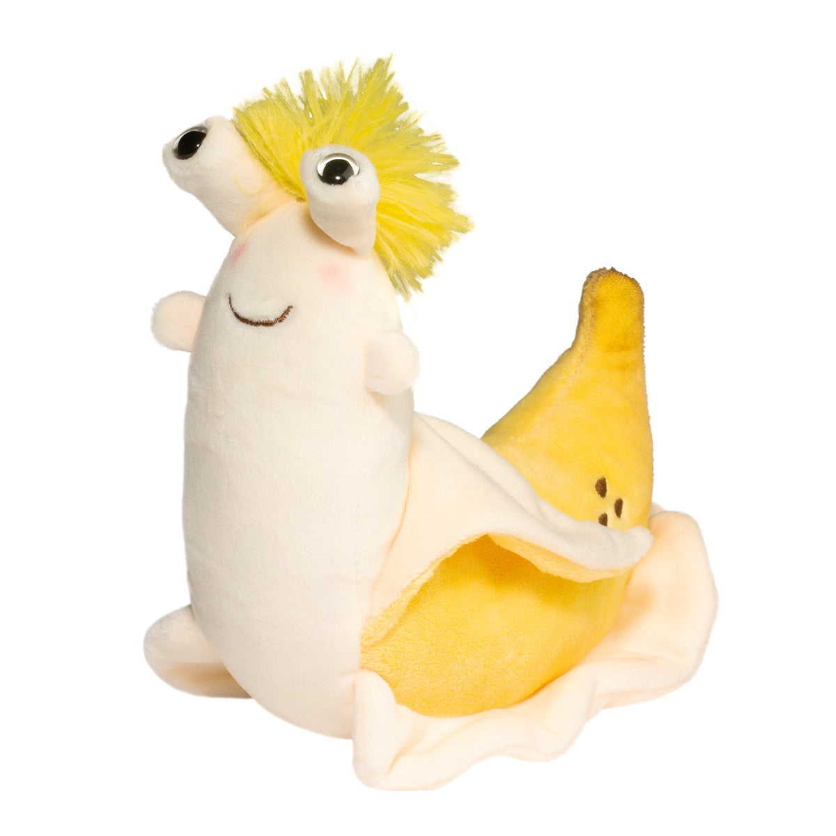 Plush banana slug toy that is both a slug and a banana with a peel and tuft of bright yellow fluff on it's head