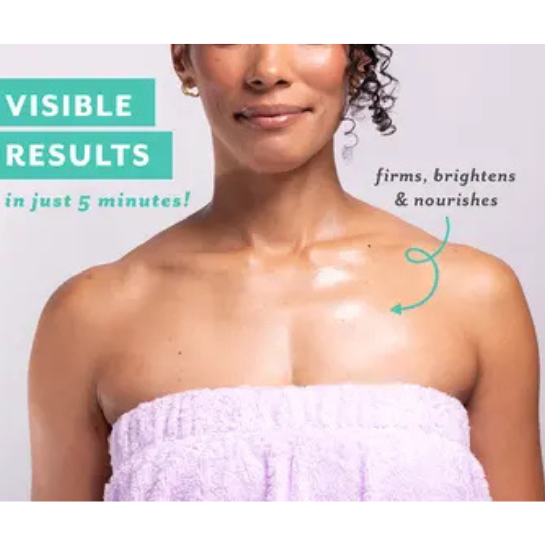 Woman with dark curly hair wearing a towel post treatment. Copy reads "Visible results in just 5 minutes! Firms, brightens, and nourishes."