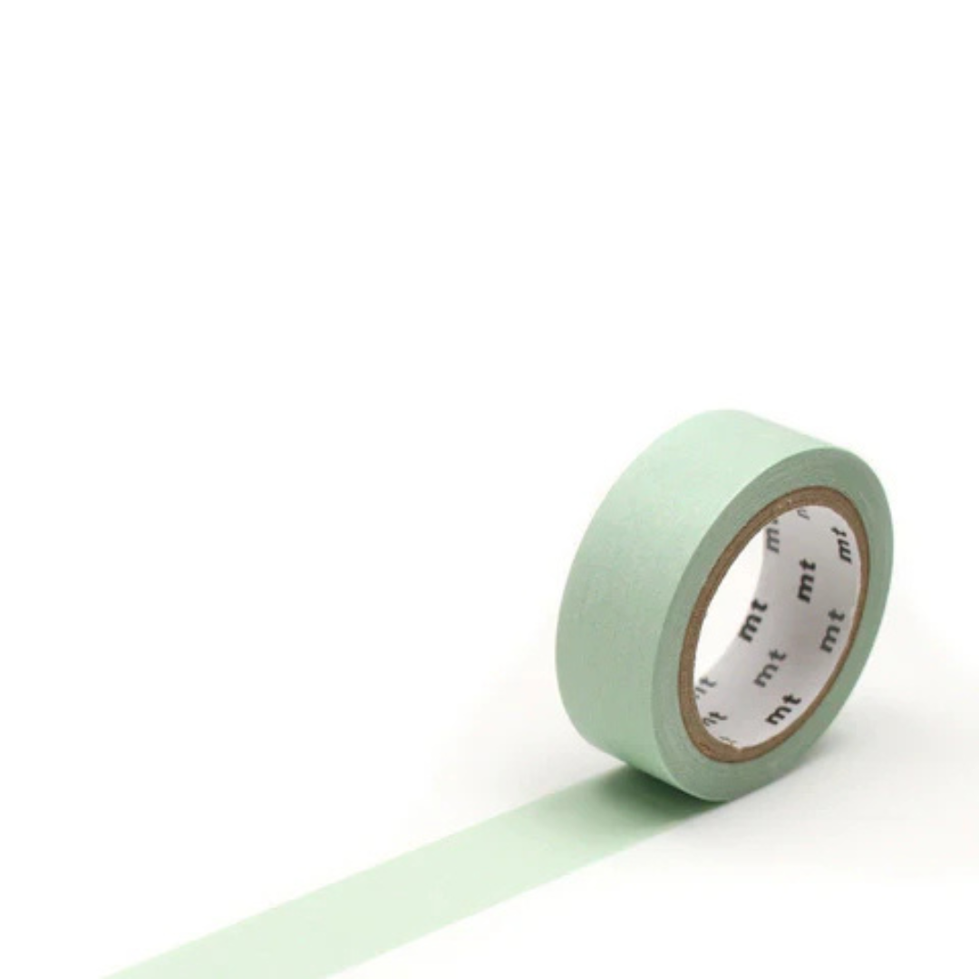 Single roll of pastel green masking tape against a white background.