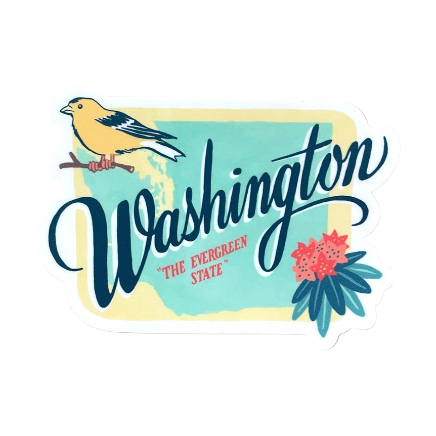 Washington "The evergreen state" sticker featuring the shape of Washington in light blue against a yellow background with our state bird and flower.