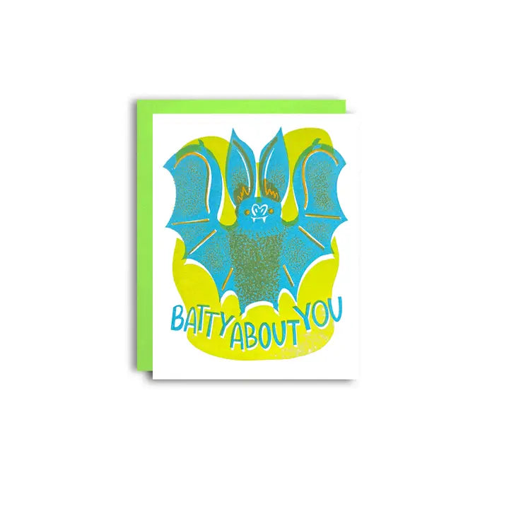 Card with a blue bat against a white and green background that says "Batty about you"