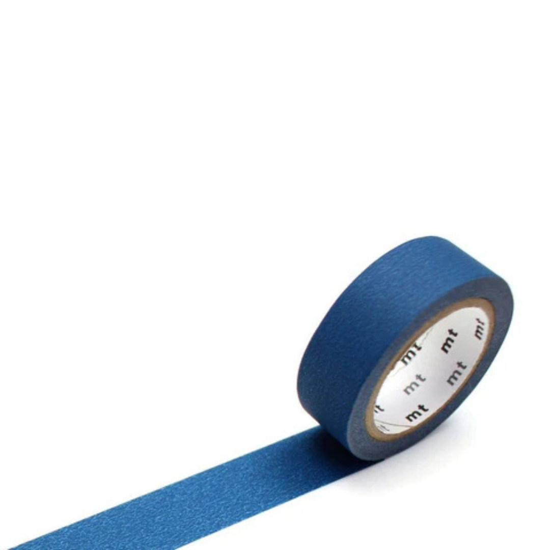 Single roll of masking tape in dark blue against a white background.