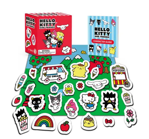 Hello Kitty and Friends magnet set showing the magnets and play background with the character guide book and presentation box