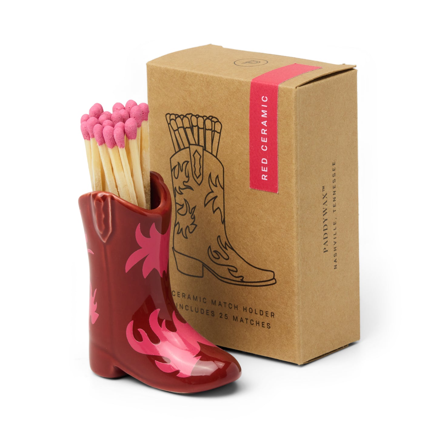 Red and pink decorated boot shaped matches holder and gift box