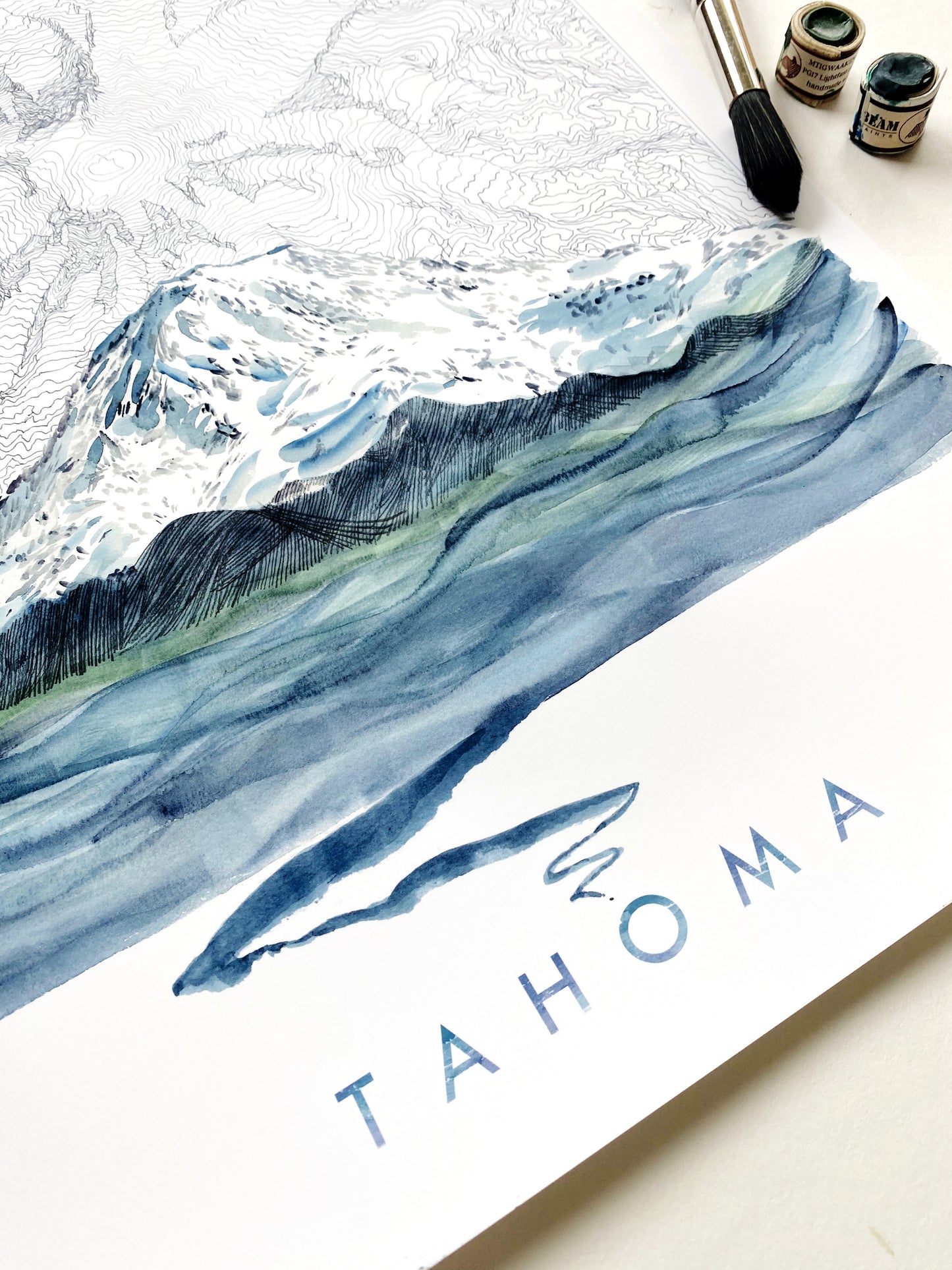 Turn of the Centuries - Mount Rainier Tahoma Washington Topographical Map Drawing + Mountain + River Print