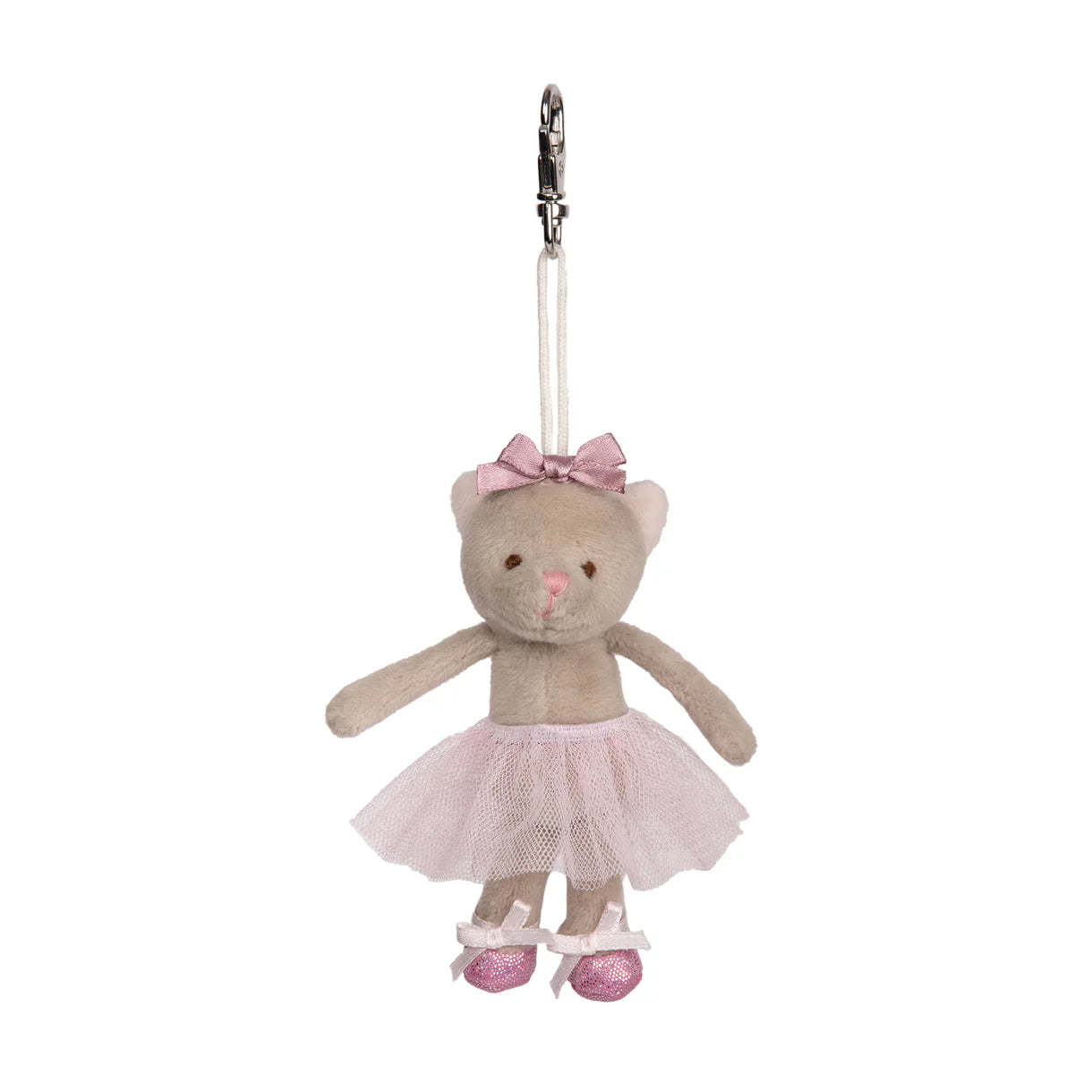 Plush toy bear keychain with a pink dress and bow on a white background