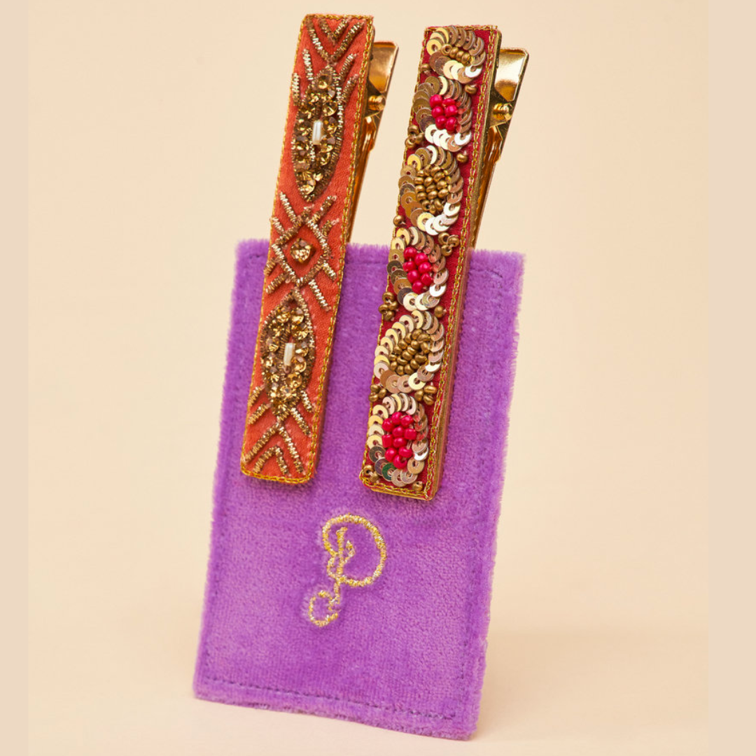 Rose Deco and Ovals Narrow Bar Hair Clips