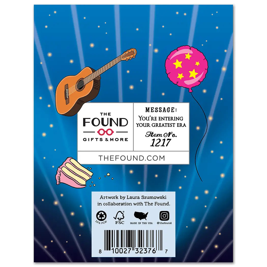 Back of Card with Guitar, mylar ballon and slice of cake icons.