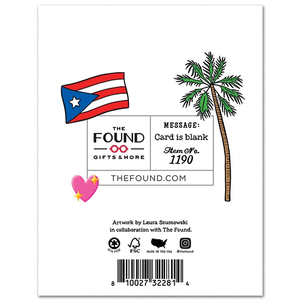 Back of a card with Puerto Rican flag, palm tree, and branding elements.