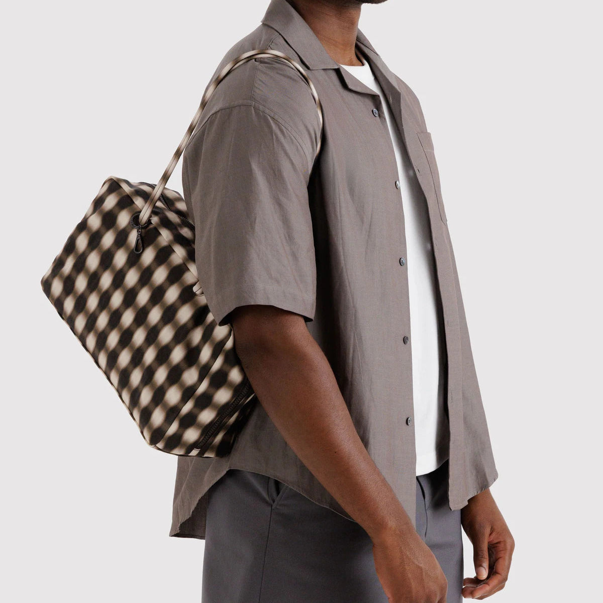 Baggu Medium Nylon Bowler Bag - Blurred Gingham Brown