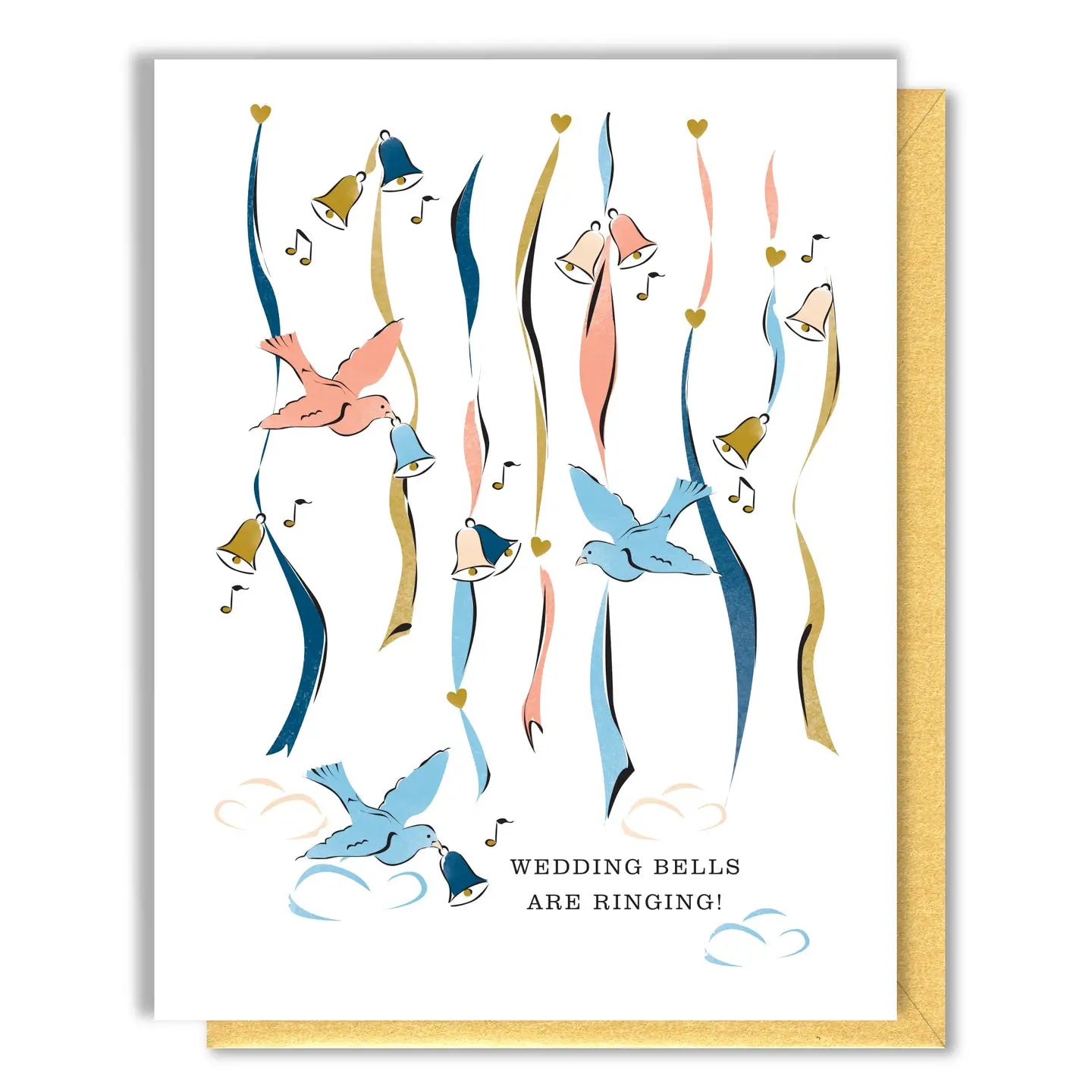 Greeting card with colorful birds and wedding bells design on a white background