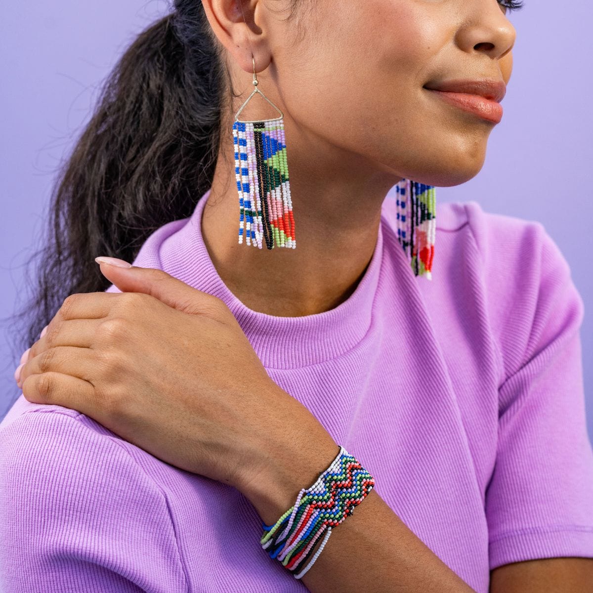 Brooke Mixed Checks And Triangles Beaded Fringe Earrings Rio