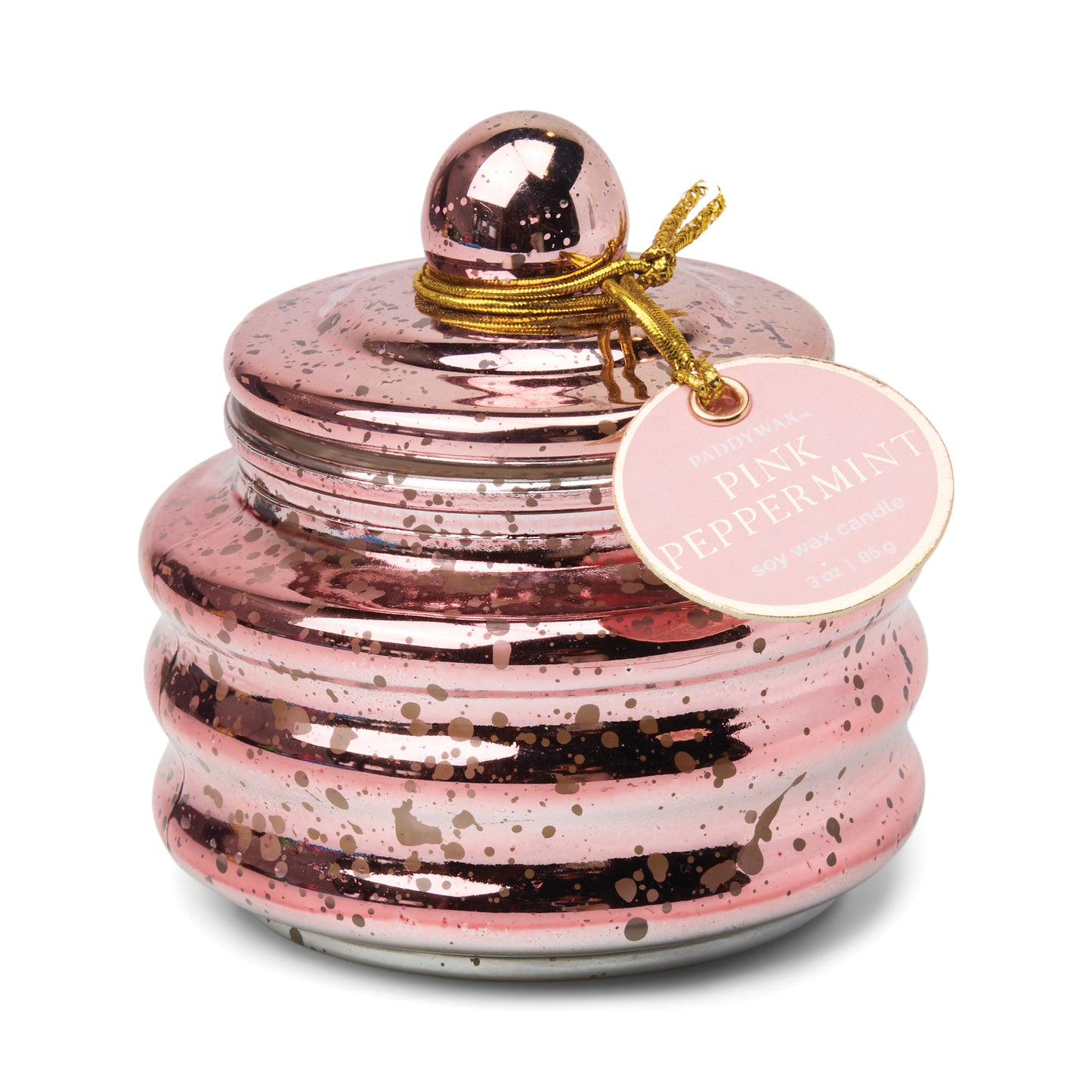 Candle in a lidded pink mercury glass vessel. Tag reads "Paddywax Pink Peppermint Soy Wax Candles"