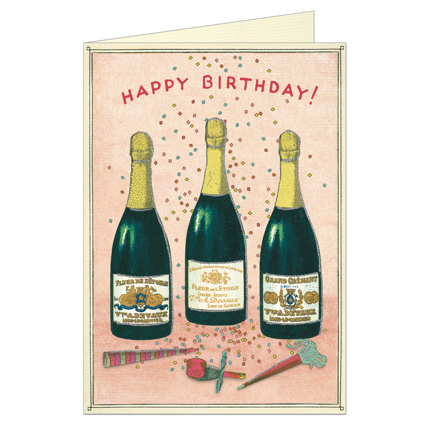 Birthday card with champagne bottles and 'Happy Birthday!' text on a pink background