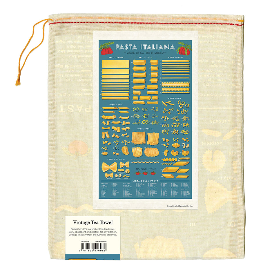 Vintage-style tea towel with pasta illustration and text on a white background