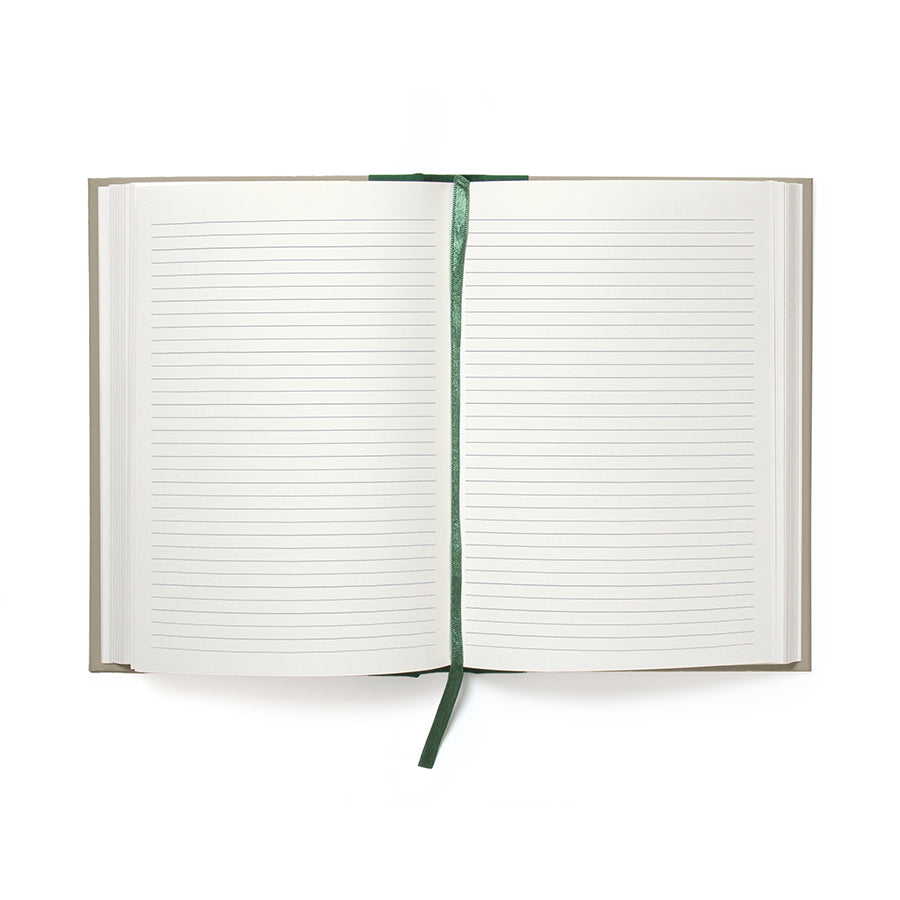 Open notebook with lined pages on a white background