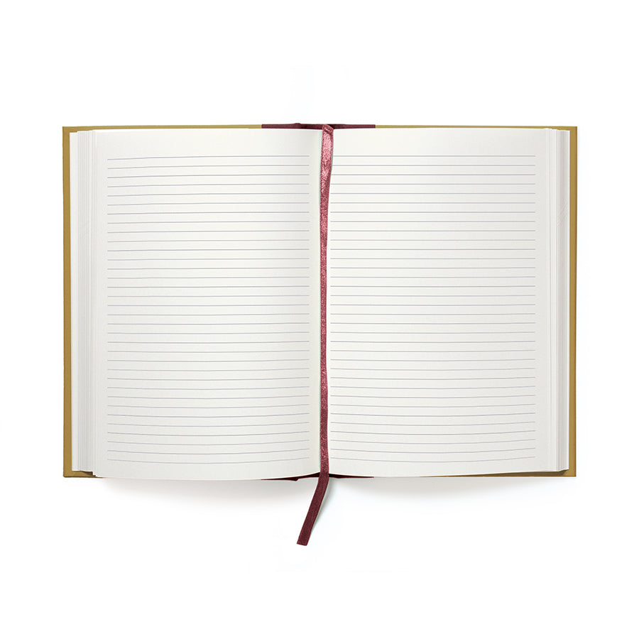 Open notebook with lined pages on a white background
