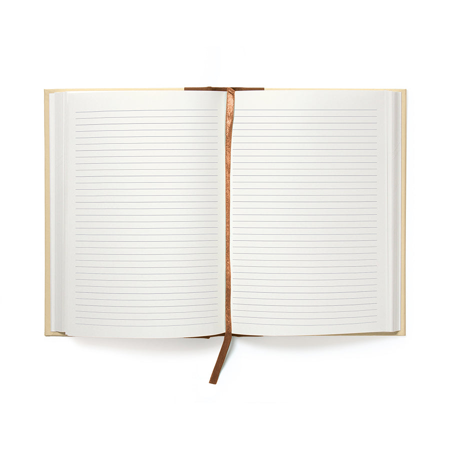 Open notebook with lined pages on a white background
