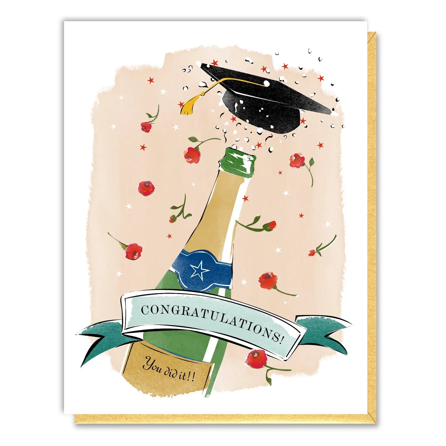 Graduation-themed greeting card with champagne bottle and cap, featuring 'Congratulations! You did it!!' text.