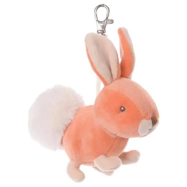 Plush rabbit bag charm keychain on a white background