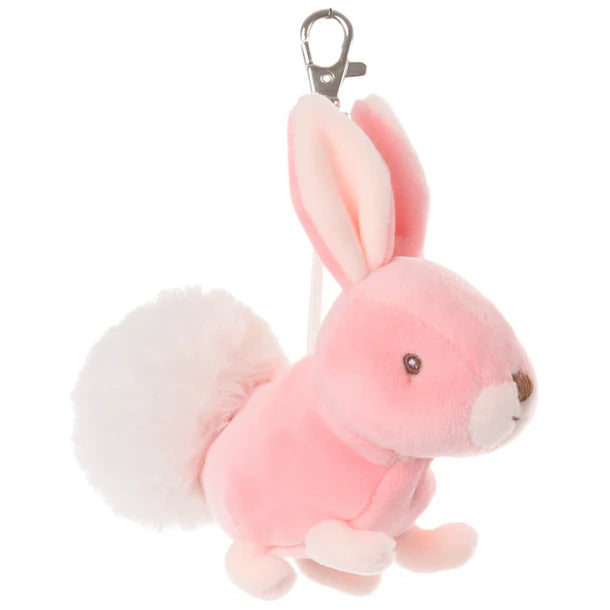 Pink plush bunny bag charm keychain on a white background