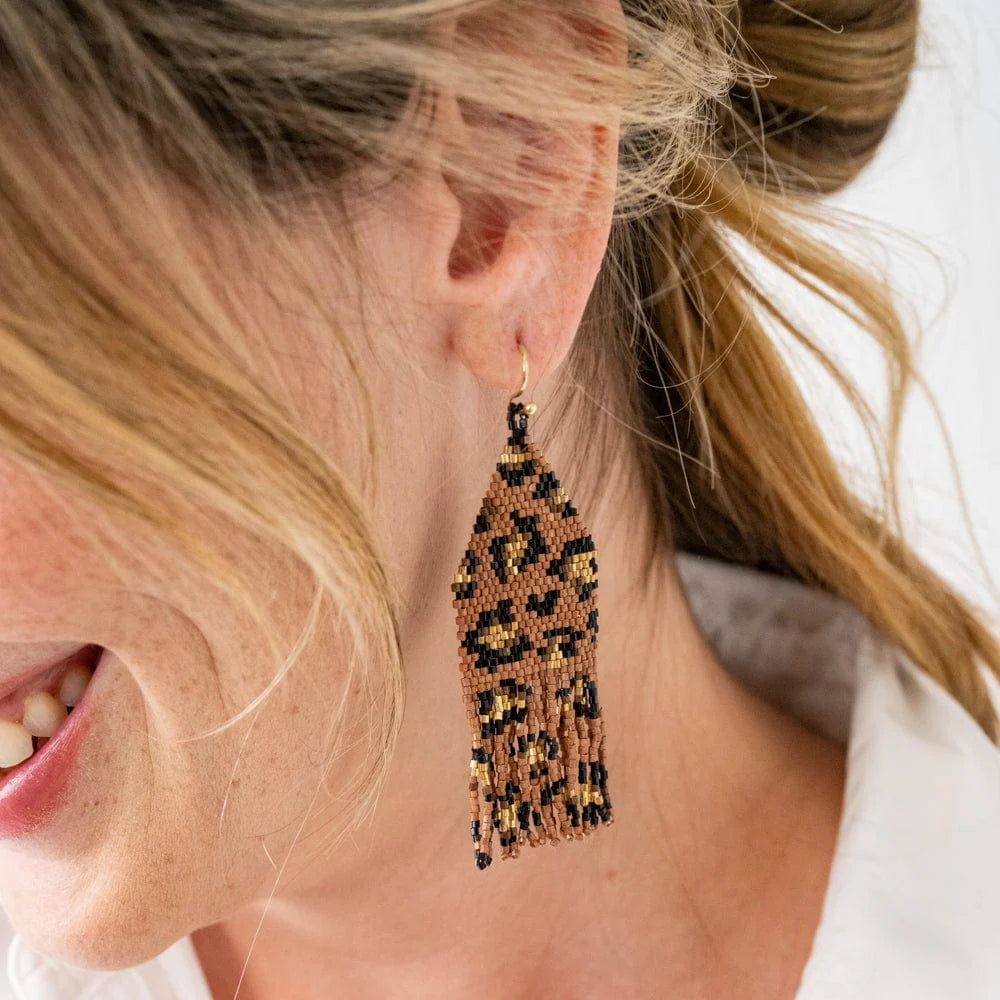 Delilah Cheetah Beaded Fringe Earrings