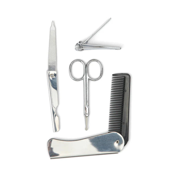 Manicure items include a nail file, clippers, cuticle scissors, and a comb.