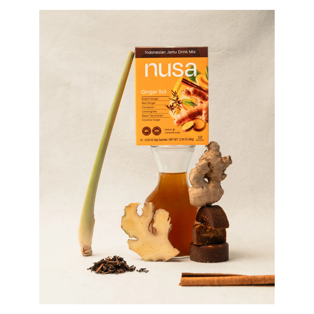 Nusa Ginger Sol drink mix package with ginger root and assorted ingredients.